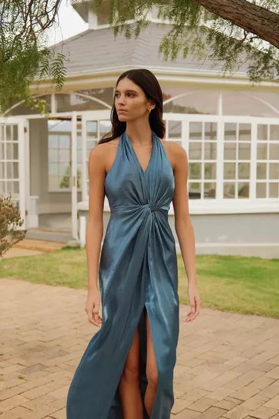 Синий цвет Шея Шея Атлас Длинное Платье