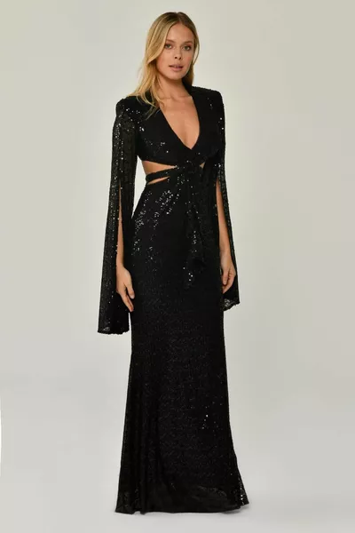 Robe de soirée longue à paillettes à col en V