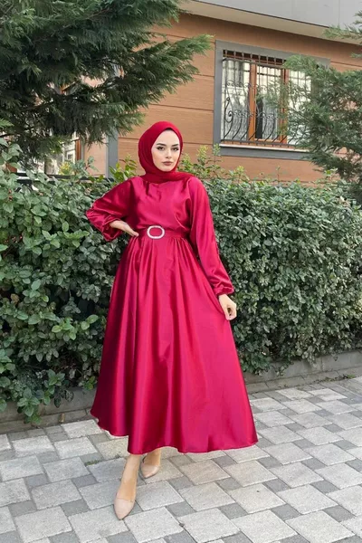 Elasticated Waist Belted Satin Evening Dresses Burgundy