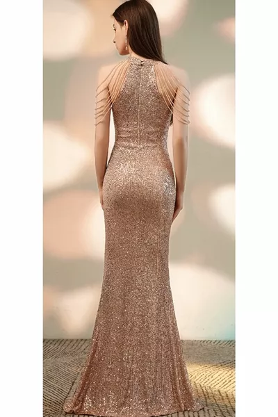 Hilaltrend Halterkraag Steen Gedetailleerde Pailletten Avondjurk