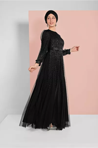 Women's Black Sequined Glitter Evening Dress 