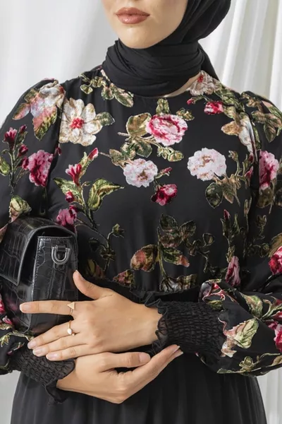 Women's Lined Chiffon Fabric Skirt Fold Detail Velvet Textured Floral Patterned Black Hijab Evening Dress 