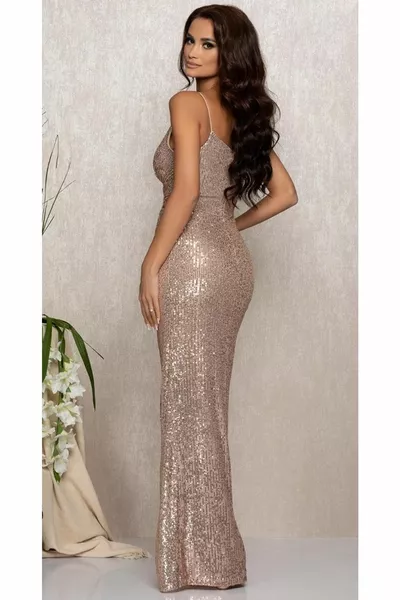 Damenträger, Kordelzug in der Taille, Paillettenbesetztes langes Abendkleid oder Abschlusskleid Kupfer