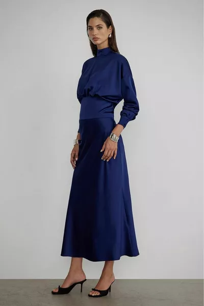 Navy Blue Moss Belted Satin Blouse