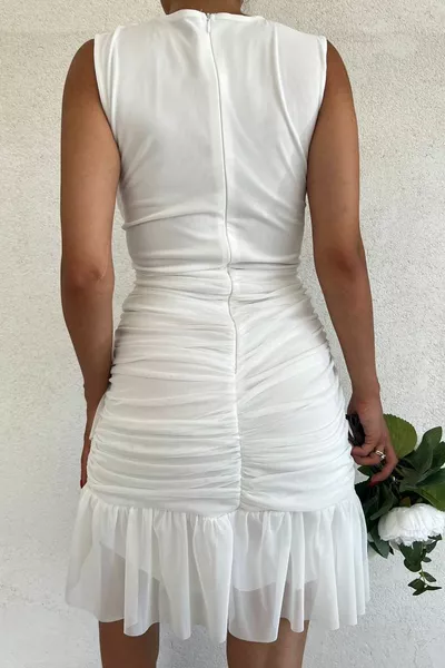 Gevoerde Tule Stof Double-Breasted Kraag Ontwerp Mouwloos Wit Mini Avondjurk 