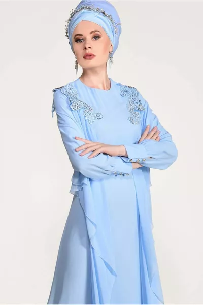 Robe de soirée en mousseline de soie bleue pour femmes 