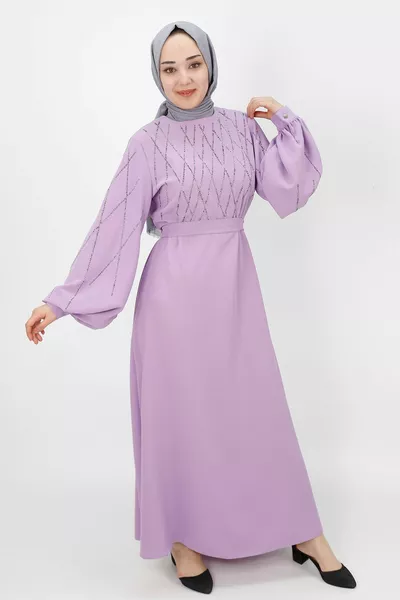 Crepe Tessuto Pietra Dettagliato Balloon Sleeve Dress