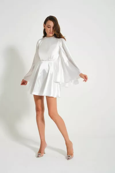 White Sleeves Flounced Satin Mini Dress