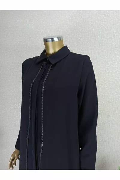  Front Detailed Stone Sleeve Ends Buttoned Shirt Collar Evening Dress Set Qks Suit  ##