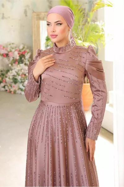 WOMEN'S PURPLE (K.LILA) STONE SATIN EVENING DRESS T 