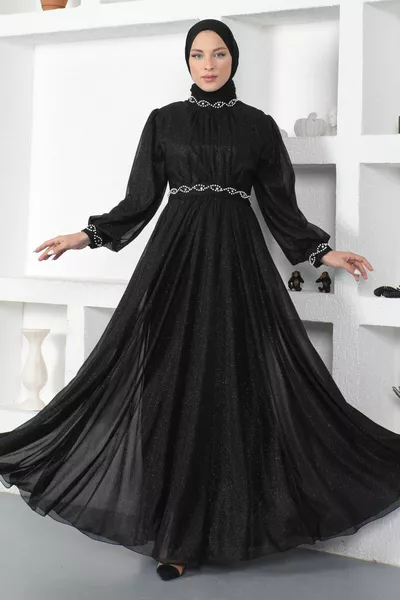 Perlmutt Glitzer Abendkleid Schwarz 