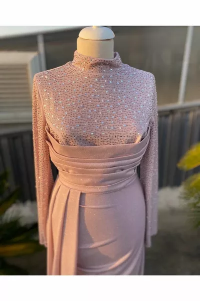 Abito da sera hijab ricamato in polvere da donna