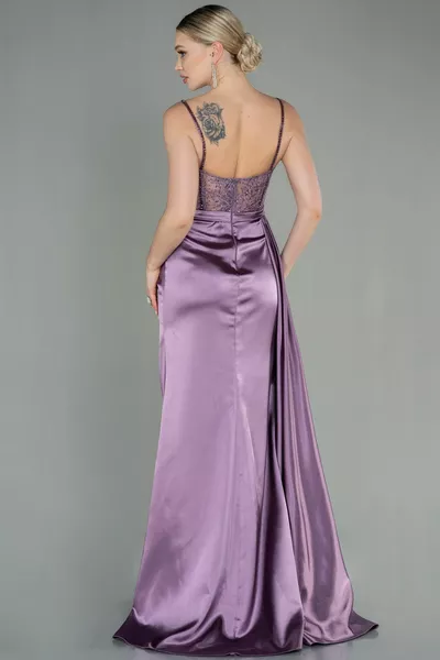 Lavender Transparent Stone Long Satin Evening Dress 