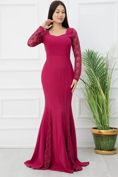 Дантелена детайлна рибна дълга вечерна рокля 