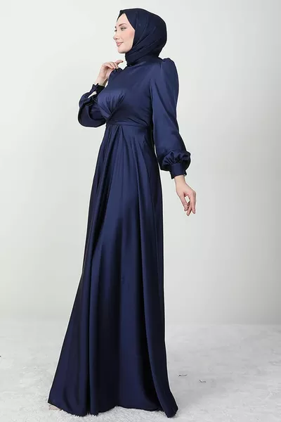 Diagonal Belted Evening Dress Navy Blue