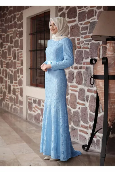 Women's Blue Lace Belted Evening Dress 