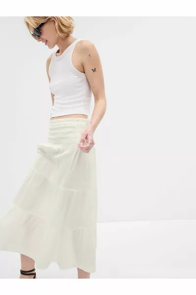 Women's Off-White Drawstring Layered Midi Skirt