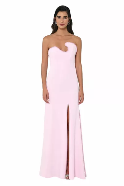Vrouwen Split Gedetailleerde Satijn Lange Lengte Stijlvolle Nacht Roze Avondjurk & Afstuderen Jurk-ROZE