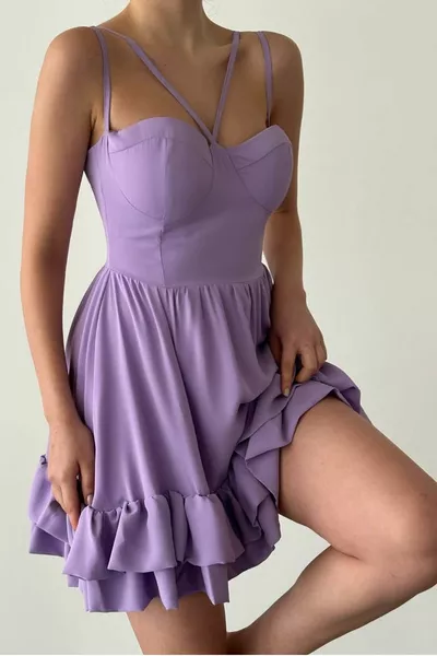 Женское атласное платье из ткани для поддержки груди с оборками и сиреневым мини вечерним платьем 