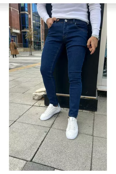 Men's Dark Blue Plain Slim Fit Stretch Straight Leg Jeans