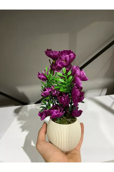 см мини изкуствено цвете, декоративна саксия, цвете за маса, малък размер, естествен камък, мъх в саксия