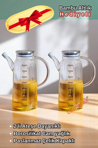 Çelik Kapaklı Vakumlu Borosilikat 3'lü Set Cam Yağlık Sirkelik Bambu Altlık - Yağdanlık