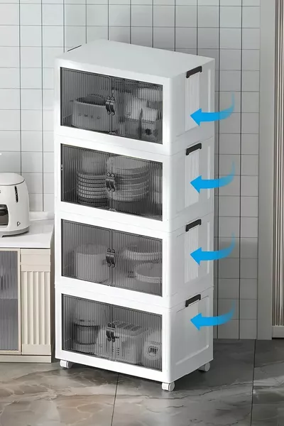 خزانة منظمة متعددة الأغراض قابلة للتكديس بعجلات وغطاء، باللون الأبيض