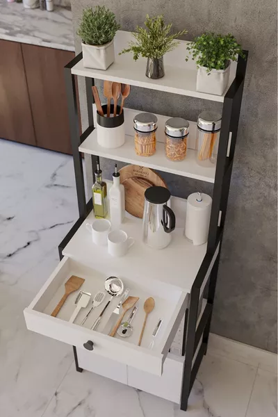 خزانة متعددة الأغراض بيضاء ببابين ودرجين للمطبخ، مناسبة لفرن الميكروويف والفرن الصغير