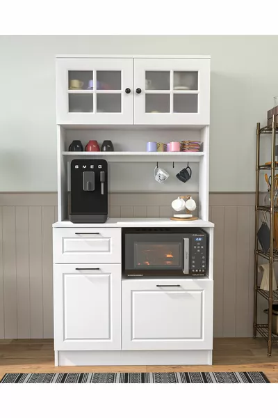 Многофункциональный шкаф с застеклёнными дверцами для кофе, МАТОВО-БЕЛЫЙ