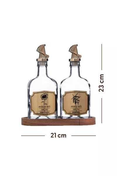 Set de 2 bouteilles d'huile en verre avec support en bois Moss, anti-goutte,  ml