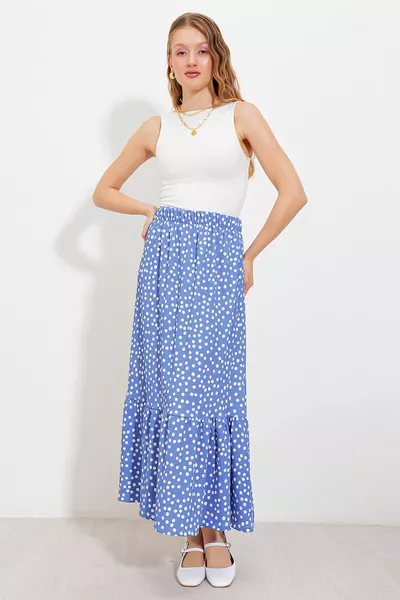 Women's Blue and White Polka Dot Long Knitted Skirt 