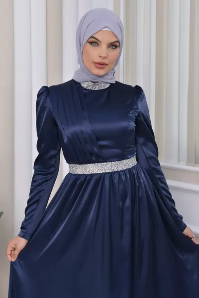 الساتان تصميم الحجاب مساء اللباس مع الحجر الخصر والرقبة