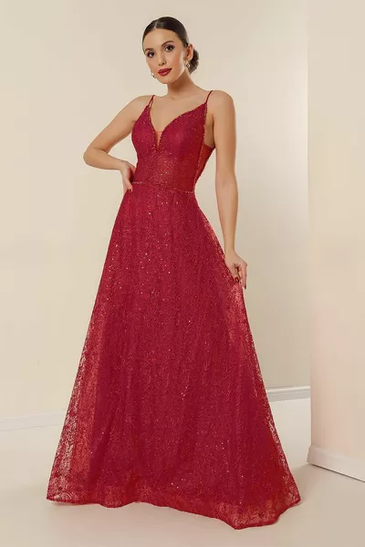 اصطف حبة مفصلة التطريز الترتر فستان طويل أحمر مع حبل الأشرطة