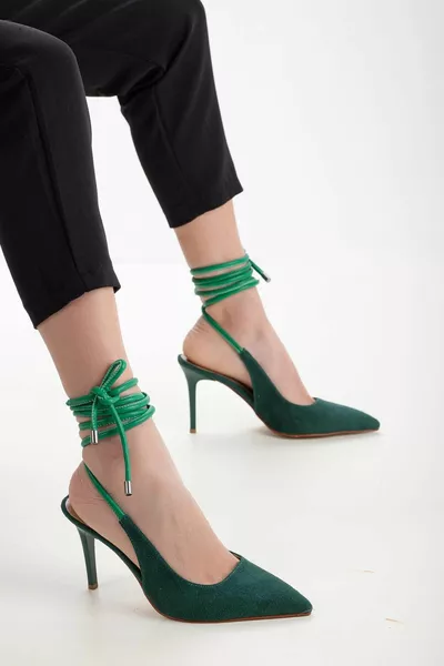 Damen Sandalen mit Absatz und Kordelzug am Knöchel Grasgrünes Wildleder