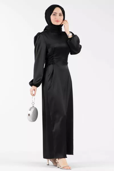 Satin-Abendkleid mit seitlicher Schnürung-schwarz