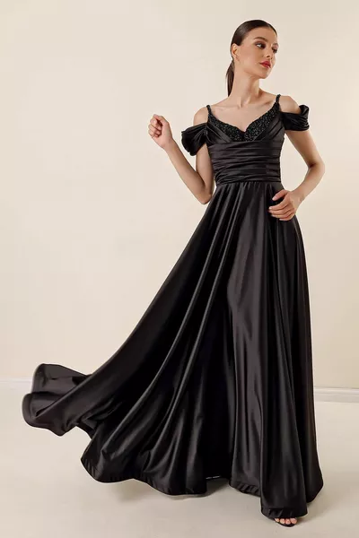 Touw riem lage mouw steen gedetailleerd gedrapeerd gevoerd lang satijnen avondjurk zwart