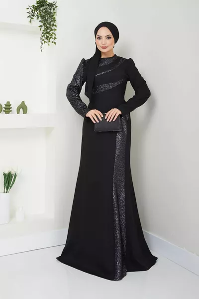 Pailletten-Fischkleid mit Details Schwarz