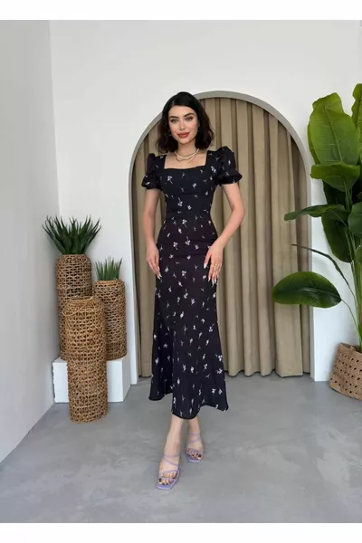 Abito lungo Milano con stampa floreale con maniche a palloncino