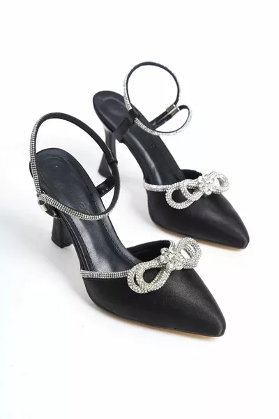 Rolling Band Noir Satin Stone Cheville Bow Chaussures de soirée pour femmes