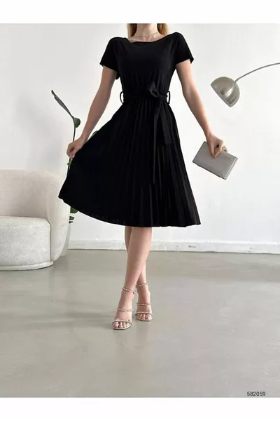 Pleated Skirt Short Sleeve Midi Length Evening Dress