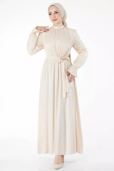 Rechte rechter kraag vrouwen beige steen gedetailleerde ceintuur jurk - 