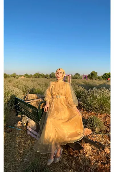 Kemerli Tesettür Abiye Organze Abiye Elbise