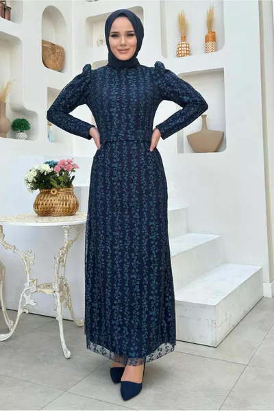 ЖЕНСКОЕ ТЕМНО-СИНЕЕ ВЕЧЕРНЕЕ ПЛАТЬЕ С ПОЯСОМ T 