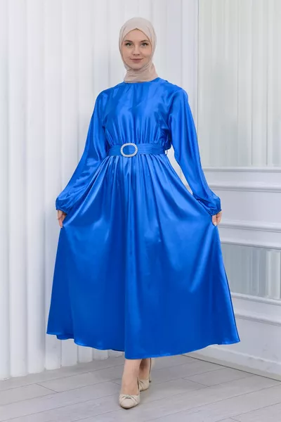 Satin Mevlana Design Belted Hijab Dress Evening Dress