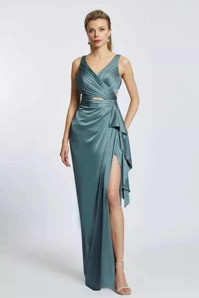 Dames V-hals gedrapeerde split lange rug kruis water groene avondjurk & afstudeerjurk -water