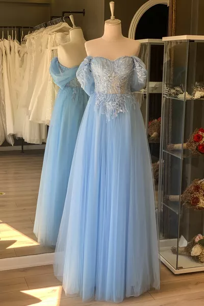 Ice Blue Floral Pattern Embroidered Lace Overlay Maxi Length Evening Dress and Evening Dress