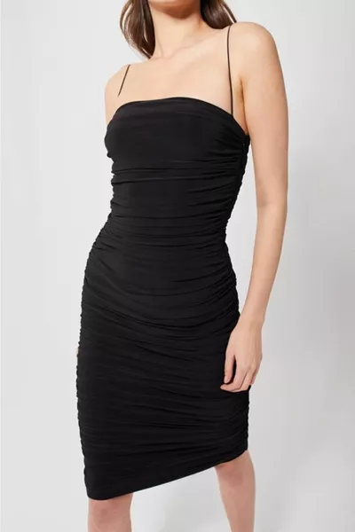 Abito da sera midi nero con spalline sottili da donna