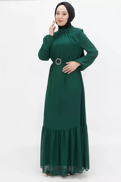 Robes de soirée hijab à manches ballon en tissu mousseline de soie