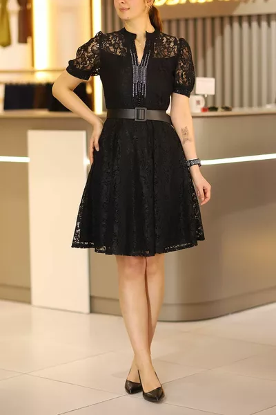 Black Short Length Half Sleeve Full Lace Fabric Stone Detailed Flared Evening Dress