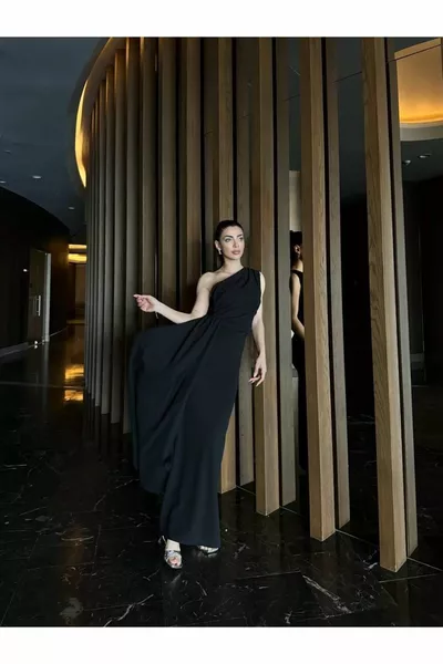 ADEL ONE SHOULDER LONG STYLISH DRESS BLACK